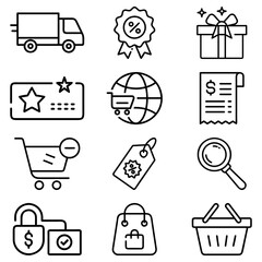 Illustration of various shopping icons including delivery truck gift box and shopping cart on a white background