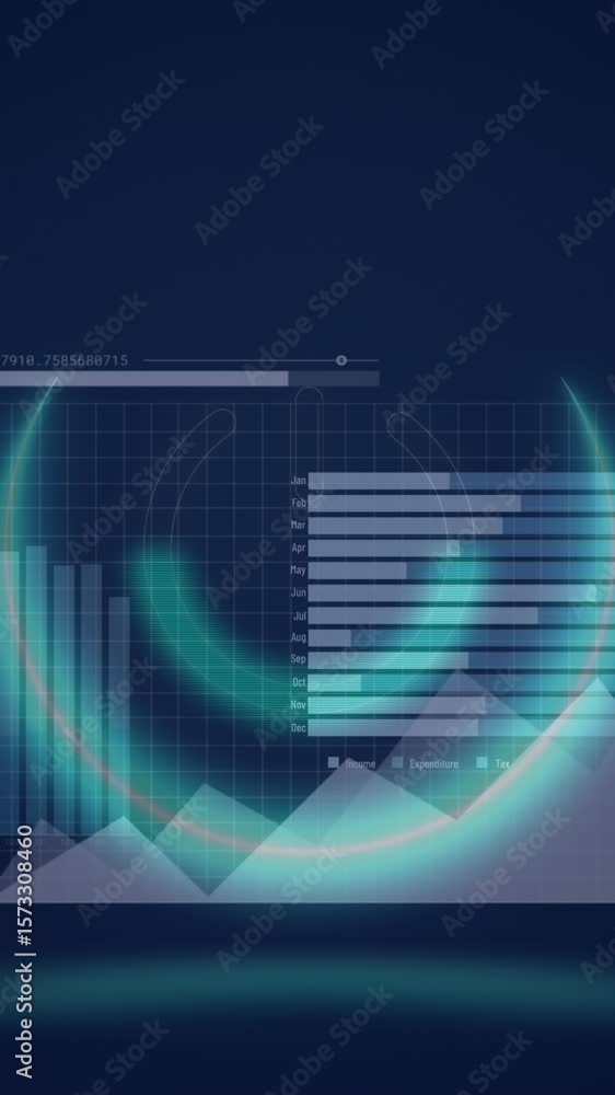 Poster animation of neon round shape over statistical data processing against blue background