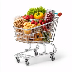 Shopping cart full of fresh fruits, vegetables and groceries