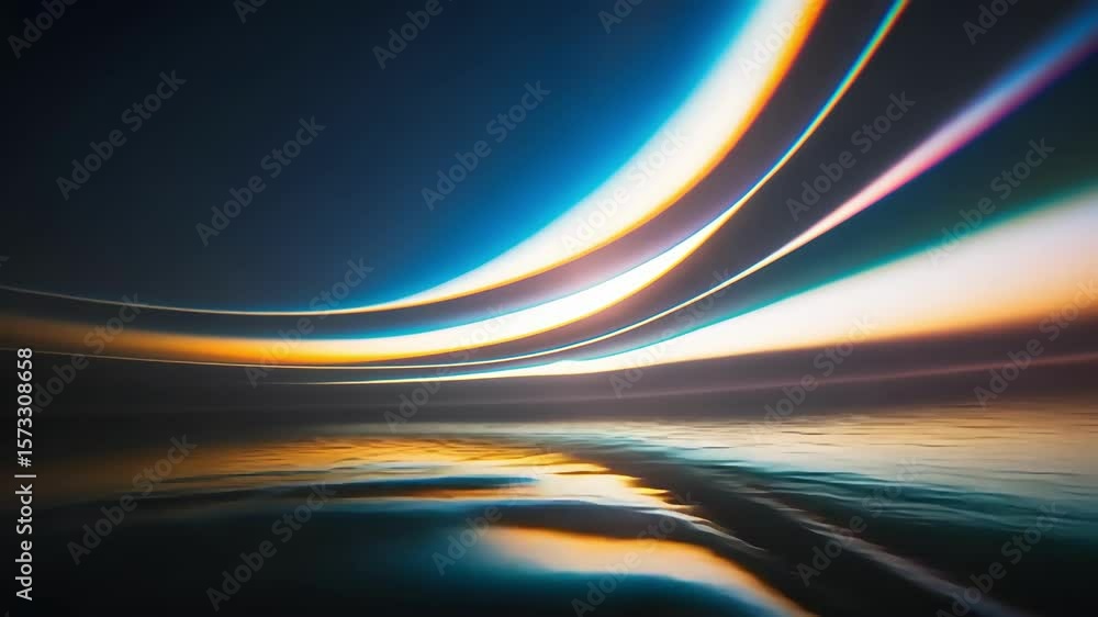 Poster abstract flowing lines of light with water reflection, colorful design element.