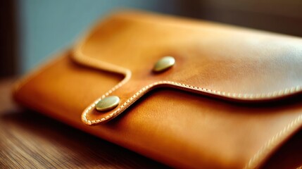 Close-up of a tan leather wallet