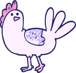 grunge textured illustration cartoon chicken in bright neon color