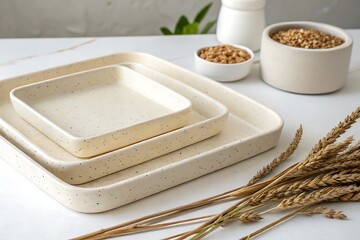  Stacked Ceramic Trays with Wheat Ears and Grains, Minimalist Tableware