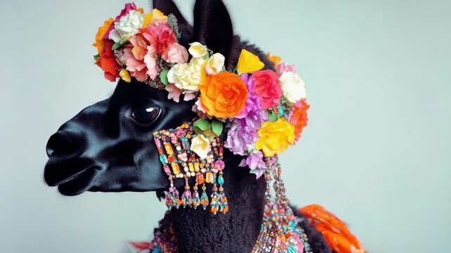 A llama wearing a vibrantly colored Andean ceremonial costume, adorned with flowers and traditional patterns. The attire is richly detailed and symbolic of Incan culture.
