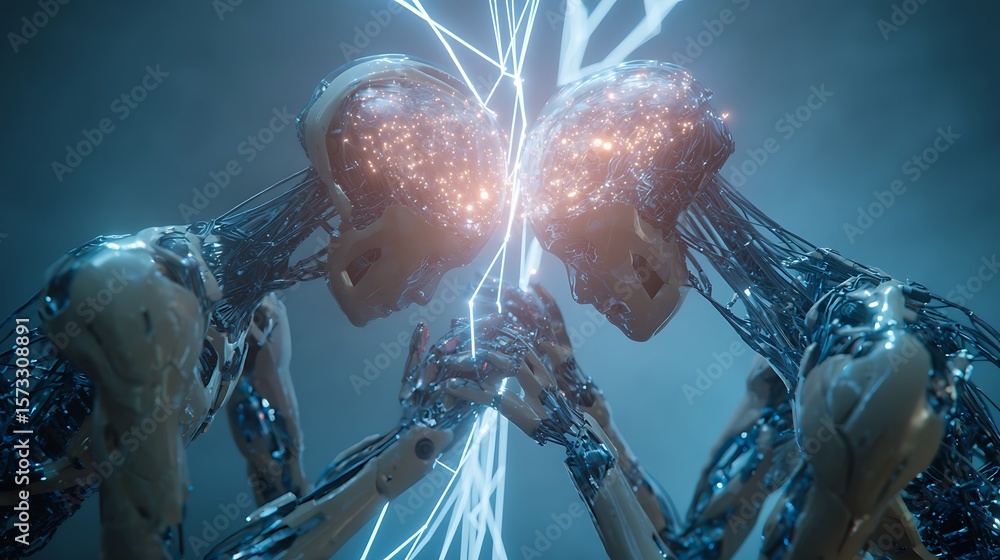 Poster sleek humanoid scientists working together on a giant glowing neural matrix powered by ai
