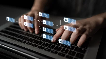 Fotobehang Blockchain structure showing distributed data blocks linked with encryption, representing secure transaction verification, decentralized control, and immutable record system Latch © InfiniteFlow