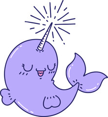illustration of a traditional tattoo style happy narwhal in bright neon color