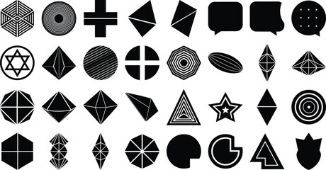 Vector art of a collection of geometric shapes and abstract icons for modern design isolated on transparent background.