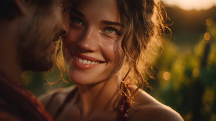 A radiant couple stands closely together, embracing each other with love during their vineyard wedding. The warm sunset casts a golden glow, enhancing the romantic atmosphere.