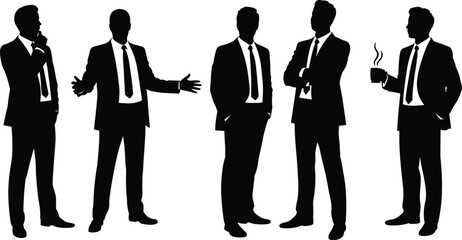 Collection of Professional Businessmen Silhouettes, Diverse Poses and Gestures, Corporate Attire, Leadership and Communication Vector Set