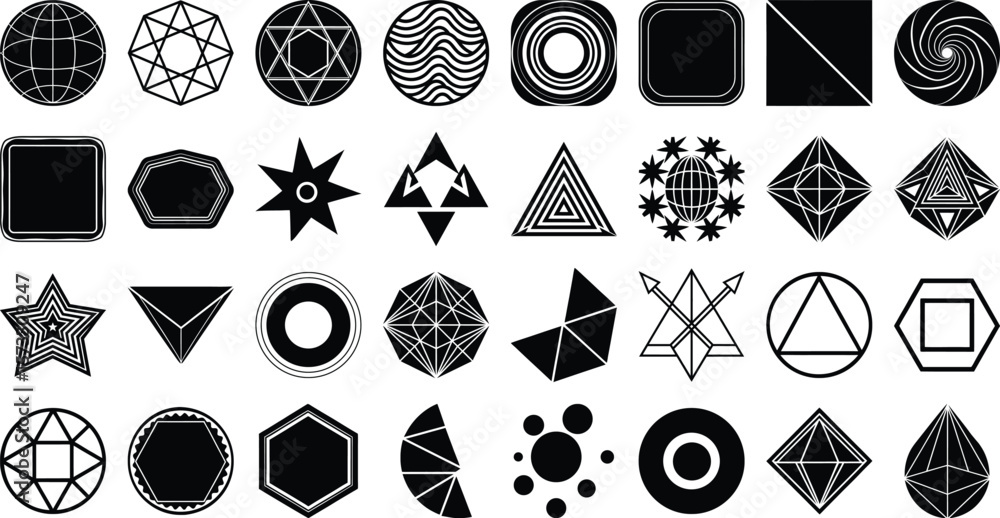 Poster vector art of a set of black and white geometric shapes and abstract icons isolated on transparent b