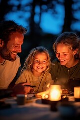 Family enjoying a campfire dinner, with warm light illuminating their happy faces