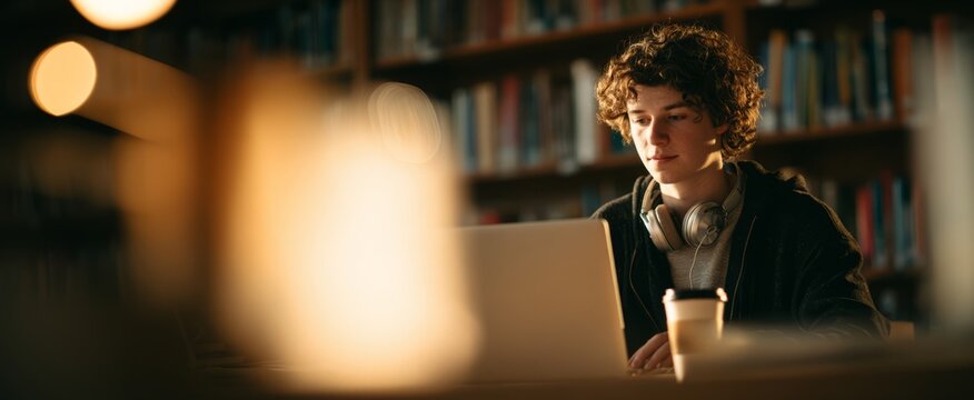A young man is deeply focused on his laptop while sitting in a library. He wears headphones and has a coffee cup nearby. The warm light creates a cozy atmosphere. - Powered by Adobe