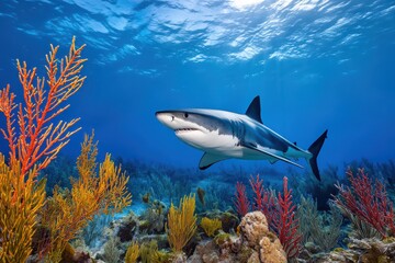 Majestic shark gliding through vibrant coral reefs in crystal-clear ocean waters