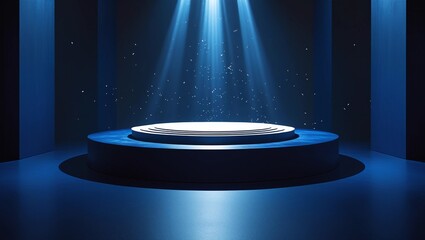 Elegant Dark Blue Minimalist Stage with Glowing Podium and Ethereal Light Beams in a Modern Symmetrical High-Tech Setting