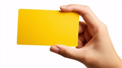Yellow business card in hand isolated on white background