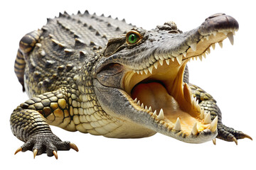 Fototapeta premium A crocodile with its mouth open shows its sharp teeth, a dangerous predator in the wild isolated on transparent background