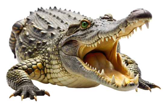 A crocodile with its mouth open shows its sharp teeth, a dangerous predator in the wild isolated on transparent background