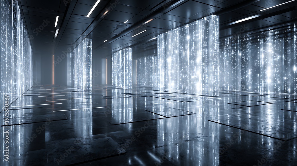 Poster smooth metallic room with transparent walls illuminated by vibrant ai data patterns and light beams