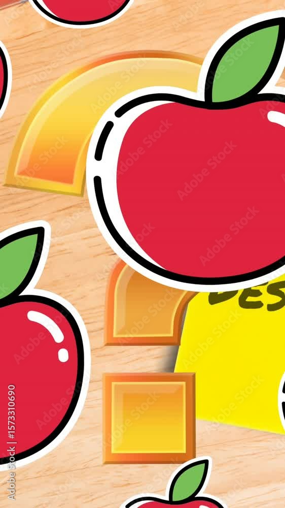 Poster animation of question mark and apples over school items and keep your desk clean text