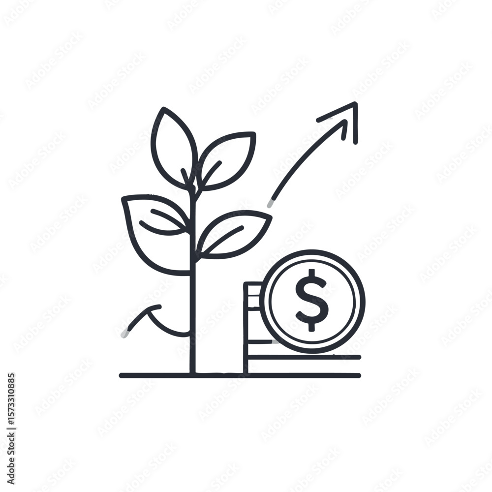 Poster a plant grows upwards from a stack of coins with an arrow pointing upwards