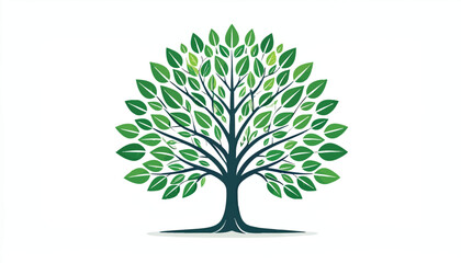 Obraz premium Stylized tree illustration with green leaves and dark blue branches set against a white background
