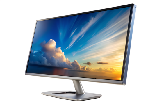 A sleek computer monitor displays a serene sky, its modern design enhancing any workspace with a touch of technological elegance isolated on transparent background - Powered by Adobe