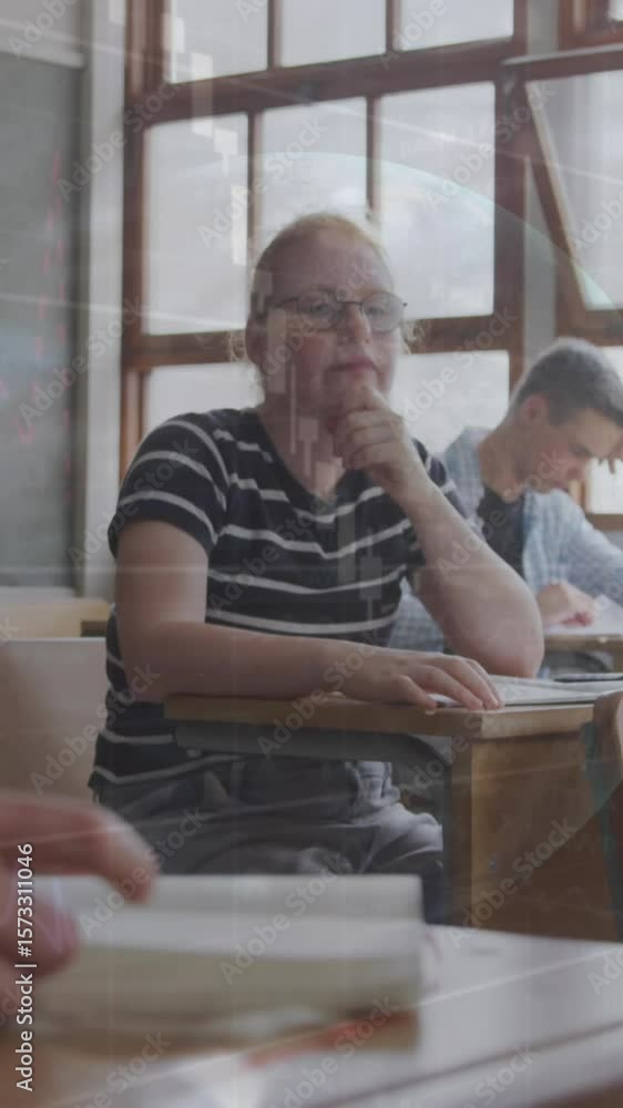 Aufkleber animation of financial data processing and globe over diverse schoolchildren in class