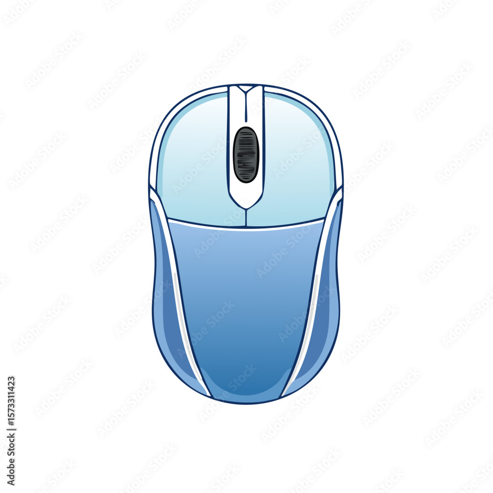 Poster blue computer mouse illustration featuring a scroll wheel, buttons, and ergonomic shape for comforta