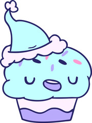 hand drawn christmas cartoon of kawaii cupcake in bright neon color