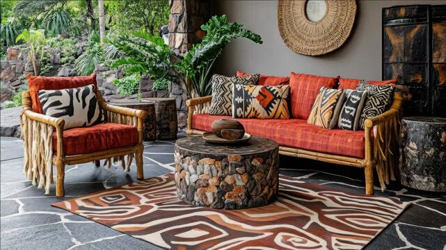 An upscale living room with a tropical Polynesian theme, featuring wooden furniture, tribal patterned pillows and textured fabrics.