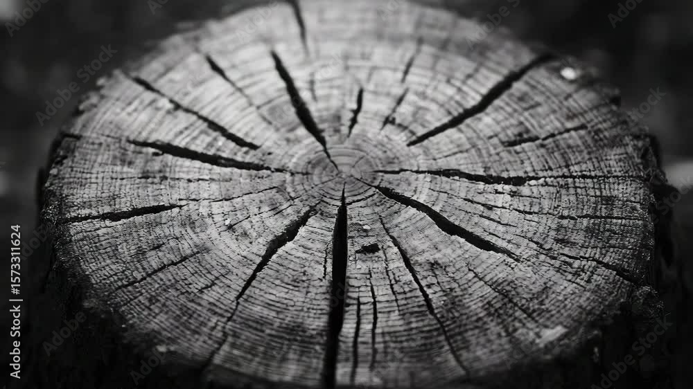 Poster the remains of a large tree with multiple rings, showing signs of age and weathering.