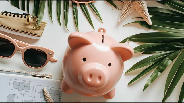 Travel Savings Flat Lay: Pink Piggy Bank Surrounded by Vacation Essentials and Seasonal Accessories for Smart Budget Planning