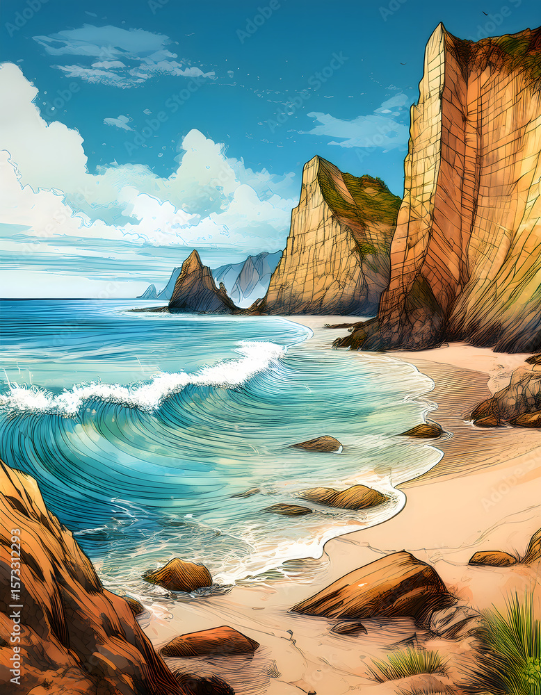 Aufkleber a dynamic illustration captures a vibrant beach with crashing waves and towering cliffs under a brig