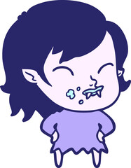cartoon vampire girl with blood on cheek in bright neon color