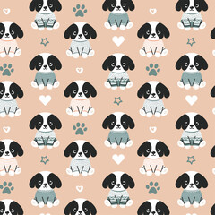 Children's pattern with puppies in spotted sweaters, also with hearts, stars and paw prints (pastel colors)