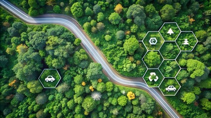 Aerial view of a winding road through a lush green forest with eco friendly icons