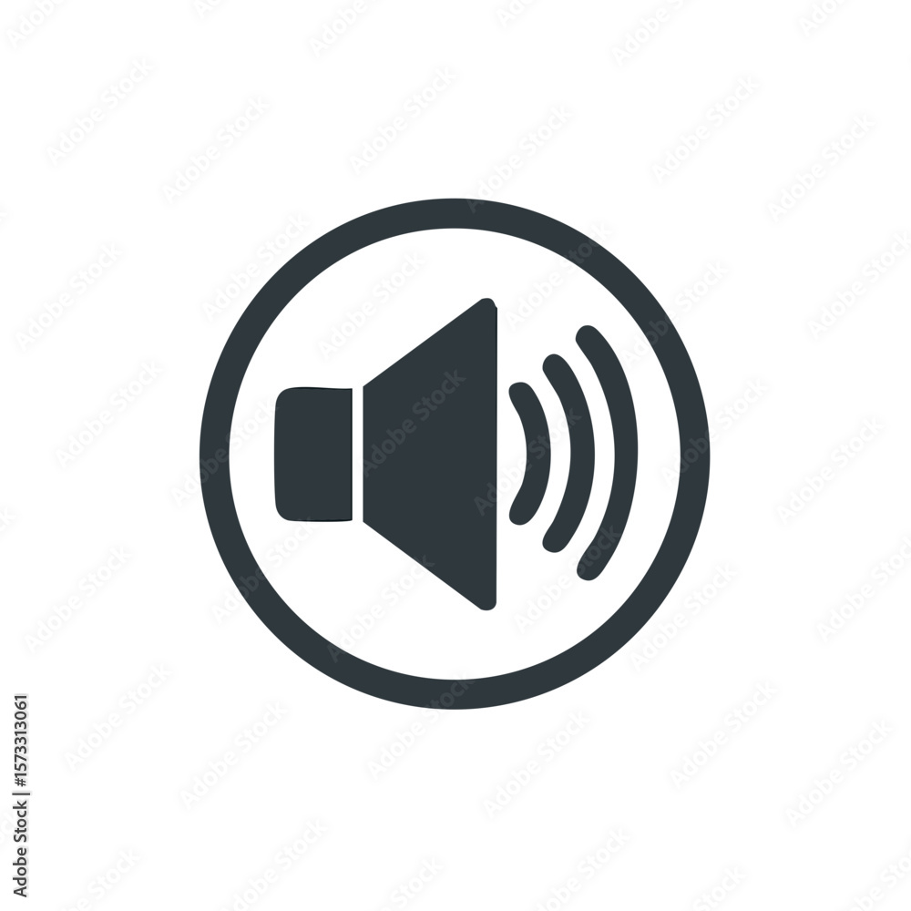 Poster speaker icon showing loud sound volume in circle, audio voice command symbol for mobile app design