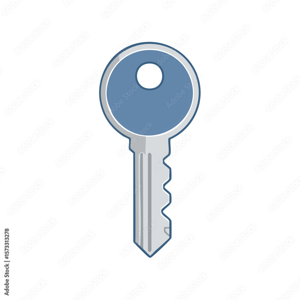 Poster modern blue key with rounded top and serrated edge secure lock access and security illustration isol