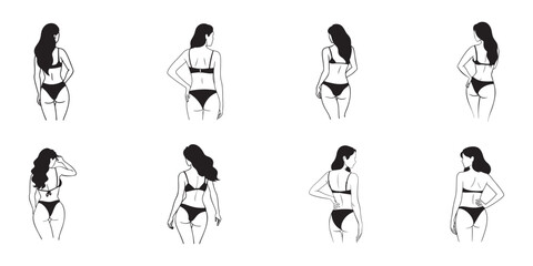 Bikini back view female illustrations collection for fashion design beach graphics and summer projects