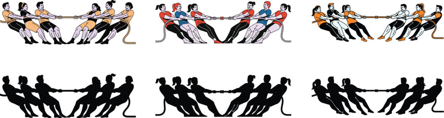 Tug of war silhouette set. Vector illustration of people pulling a rope in competition. Business concept of conflict, teamwork, and struggle.