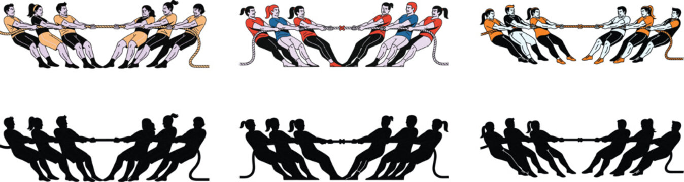 Tug of war silhouette set. Vector illustration of people pulling a rope in competition. Business concept of conflict, teamwork, and struggle.
