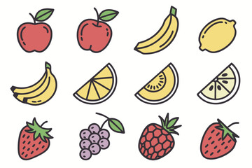 Collection of uniformly styled fruit icons in vibrant colors