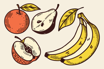 Hand drawn vector sketch collection of fresh colorful fruits