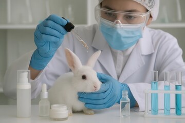 A dedicated scientist meticulously administers a medication to a white rabbit in a controlled laboratory setting
