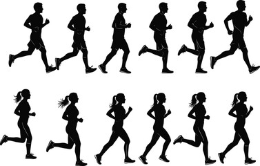 Dynamic silhouettes of diverse male and female runners in various active poses, showcasing fitness, exercise, and healthy lifestyle pursuits on a white background, perfect for sports and wellness 