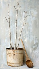 Fototapeta premium Birch Whisks and Sauna Bucket – Minimal Vector on Pastel