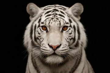 A striking white tiger with piercing orange eyes gazes directly into the camera, embodying the raw power and beauty of nature