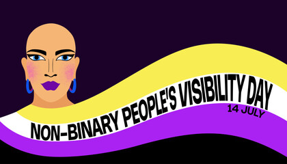 Non binary person with flag banner vector illustration. Poster to support visibility of people with divers gender indentity.