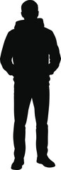 Full-body black silhouette of a casual male figure standing with hands in pockets, ideal for depicting urban youth, human outlines, diverse demographics, and everyday people in design projects.